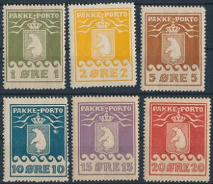 1915. 1-20 øre. Komplet sæt ubrugte Pakkeporto, 1915-udgave. 15 og 20 øre er på kartonpapir. 10 øre med lille afskran på forsiden. AFA 6795