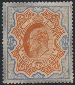 Indien. 1902. Edward. 25 R. brunlig-orangeblå. Sjældent ubrugt mærke. SG £ 1600