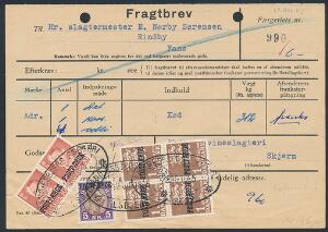 1965. 30 øre FIRMAPERFORERET., 1 kr. 4-blok og 5 kr. I alt 9,30 kr. på fragtbrev fra Skjern til Fanø 12. AUG 1965.