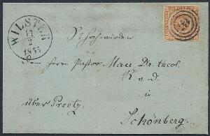 1854. 4 RBS Thiele III, gråbrun. Smukt brev med nr.stempel 147 og sidestempel WILSTER 17.2.1855, SENDT TIL SCHÖNBERG.