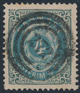 1875. 4 øre gråblå. Flot eksemplar med nr. stempel 272
