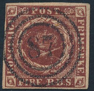 1852. 4 RBS Thiele I, rødbrun. PRAGT-mærke i intens mørk nuance, annulleret med retvendt nr.stempel 87 Løgumkloster.