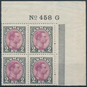 1925. Chr. X, 2 kr. grårødlilla. Postfrisk øvre MARGINAL 4-BLOK No 458 G. AFA 6000