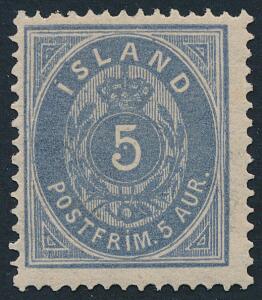 1876. 5 aur, blå. Tk.14. Pænt ubrugt mærke. Facit 4000. Attest Nielsen.