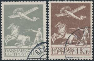 1929. Gl. luftpost 50 øre, grå og 1 kr. brun. Stemplede. AFA 4400