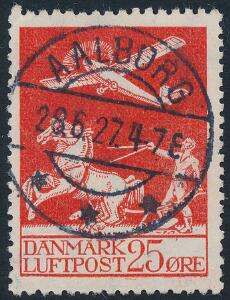 1925. Gl. luftpost, 25 øre, rød. PRAGT-stemplet i AALBORG 28.6.27.