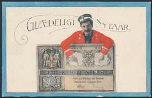 Postkort. Glædeligt Nytaar. Godt kort med postbud og pengeseddel, stemplet i 1911.