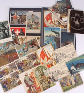 Schweiz. Lot illustrerede postkort og officielle helsagskort, både brugte og ubrugte. I alt 78 stk.