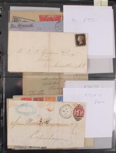 England. Album med gamleældre breve, bl.a. brev med One penny black m.m. Se fotoudsnit