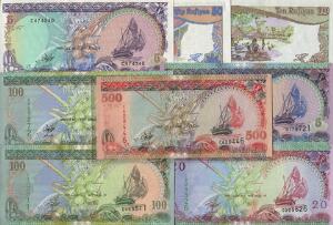 Maldiverne, lille lot overvejende nyere ucirkulerede sedler, i alt 8 stk.