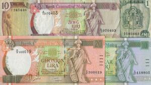 Malta, lille lot sedler i varierende kvalitet, i alt ca. 5 stk., flere bedre typer