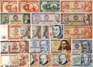 Peru, lille lot overvejende nyere ucirkulerede sedler, flere bedre typer imellem, i alt 21 stk.