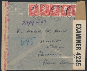 1943. 20 øre, Chr.X, rød. 5 stk. på 3-dobbelt censurbrev, sendt fra FREDERIKSHAVN 8.5.43, via BERLIN - LISSABON - BERMUDA - NEW YORK - ENGLAND, til Færøerne