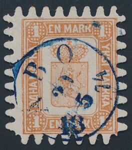 1866 1 mk. gulbrun. PRAGT-mærke med perfekt takning, og velplaceret BLÅT bystempel ÅBO 21.5.1874. Facit 7500