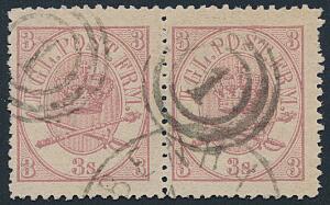 1864. 3 sk. 1870 linietakket 12 12. Fint parstykke med nr.stempel 1 og del af ovalt stempel KIØBENHAVN. AFA 12000. Attest Møller