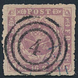 1863. 16 sk. rosalilla. Stukken kant. Et ualmindeligt smukt og farvefriskt eksemplar med velplaceret og skarpt nr.stempel 4 Aalborg. Attest Nielsen PRAGTEKSEM