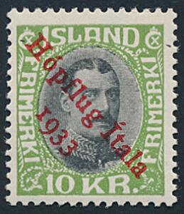 1933. Hópflug Italia. 10 Kr. sortgrøn. Perfekt postfriskt mærke. Facit 26000. Attest Møller A.I.E.P A rare stamp in this condition, Flawless.