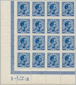 1922. Chr. X, 40 øre, blå. Type II. Postfrisk 16-blok fra pos. 61-6491-94 med pos. 82-83-84 med type I  II vandret sammenhængende