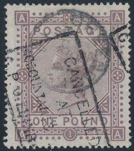 1867. Victoria. 1 £. brown lilac. Wmk. Ancher 1882. Fine used. SG £ 8000