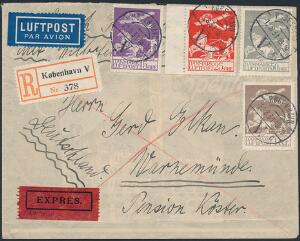1929. Gl. luftpost. 15 øre, violet, 25 øre, rød, 50 øre, grå og 1 kr. brun. Flot frankering på brugsbrev sendt Expres-Anbefalet-Luftpost brev, til Tyskland. Ann