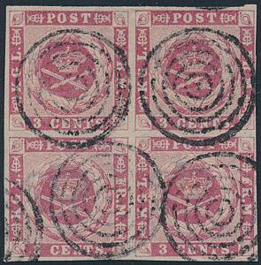 1866. 3 cents, karmin. Plade I. Pos.16-1726-27. Sjælden, stemplet 4-BLOK, annulleret med fine stumme stempler. Flot og fuldrandet.