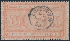 1882. Victoria. 5 £. orange. Fine used LONDON NO 19 83. Reperforated at south. SG £ 4500