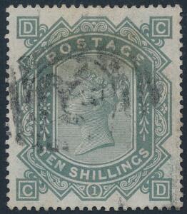 1867. Victoria. 10 sh. greenish grey. Wmk. Ancher 1882. BLUED PAPER. A very fine used stamp. Brown spot at top. SG £ 4800