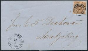 1854. 4 RBS Thiele III, gulbrun. Plade IV. Single på FØRSTEDAGSBREV med indhold dateret Kjøbenhavn d. 31.Martz 1854, sendt til Sakskøbing