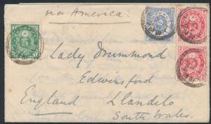 Japan. 1883. 1 s. green, 2 s. red pair and 5 s. blue on very beautiful cover to South Wales, via Yokohama 17 MAY 96