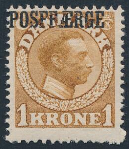 1919. Chr. X, 1 kr. gulbrun. Variant POSFFÆRGE. Meget sjældent postfriskt mærke. Oplag kun 143 stk. . AFA 15000. Attest Nielsen