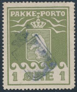 1905. 1 øre, olivengrøn. Pænt centreret eksemplar annulleret med lille skjoldstempel. Attest Nielsen