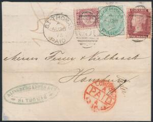 1875. Victoria. 1 sh. grøn plade 11, 1 penny, rød og 1 12 penny, brunrød. Smuk frankering på fint lille brev forside, annulleret C 51 og ST. THOMAS AU 28