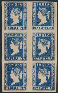 India. 1854. Victoria. Half Anna, blue. Unused BLOCK OF SIX. SG £ 450
