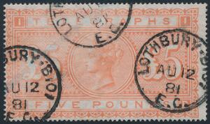 1879. Telegraphs. 5 £. Victoria Telegraphs, orange. A very fine copy with perfect perforation, cancelled LOTHBURY AU 12 81. Scarce.