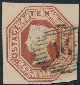 1848. Embossed issue. 10 d. brown. A SUPERB stamp with very large margins all around, lightly used by numeral 6. SG £ 1200