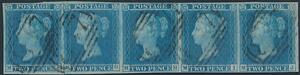 1841. Victoria. 2 d. blue. A superb horizontel STRIP OF FIVE M-F - M-J. Good to large margins all around. Cancelled by numeral 847. A very fine item.