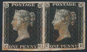 1840. One penny, black. C-C - C-D. Used pair with huge margins all around. Red Maltese Cross cancellations. Right stamp with small thin at right.