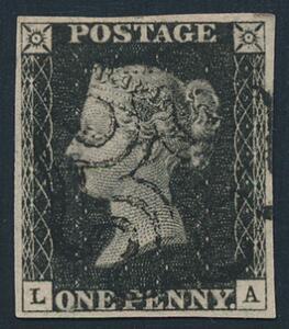 1840. One penny, black. L-A. Good margins, cancelled by nearly complete Black Maltese Cross cancellation. Very fine.