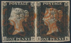 1840. One penny, black. I-D - I-E. Used pair with large margins all around. Cancelled by Red Maltese Cross cancellations. Left stamp with thin.