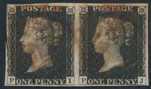 1840. One penny, black. P-I - P J. Used pair with Maltese Cross cancellations. Right stamp are very fine, left stamp cut into at left.