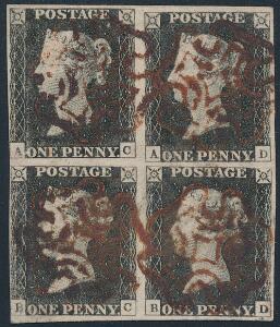 1840. One penny, black. A-C - A-D  B-C - B-D. Used BLOCK OF FOUR. Full margin all around close at left. Used with 4 red Maltese Cross cancellations. Scarce