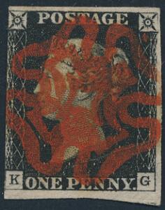 1840. One penny, black. K-G. INVERTED WATERMARK. Very fine used with perfect strike of red Maltese Cross cancel. Three good to large margins and just touched