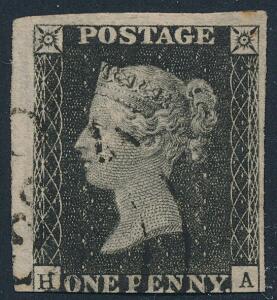 1840. One penny, black. H-A. A scarce stamps with TOWN-cancellation. 3 large margins and cut into at south.