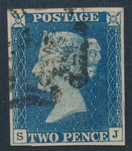 1840. Two Pence, in light blue. S-J. Fine to large margins all around with strike of black Maltese Cross cancel. Very fine. SG £ 675