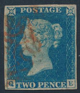 1840. Two Pence, blue. Q-E. Fine margins with red Maltese Cross cancel. SG £ 675