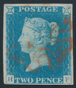 1840. Two Pence, pale blue. H-F. Fine to large margins with large part strike of red Maltese Cross. SG £ 800