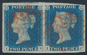 1840. Two Pence, in deep full blue. I-B  I-C. Horizontel pair with large to enormous margins, cancelled by two strikes of red Maltese Cross. An attractive pa