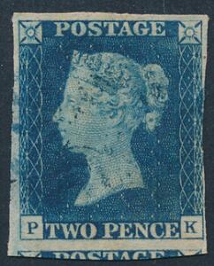 1840. Two Pence, blue. P-K. Obliterated by Maltese Cross in BLUE. Larger thin. A RARE cancellation on 2 penny, blue. SG £ 10000