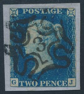 1840. Two Pence, blue. G-J. Obliterated by Maltese Cross with NUMBER 3 IN CENTRE. Used on small piece, close margins all around. SG £ 9500