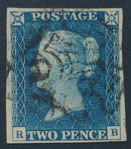 1840. Two Pence, blue. R-B. Fine to large margins with strike of black Maltese Cross cancel. Very fine. SG £ 675